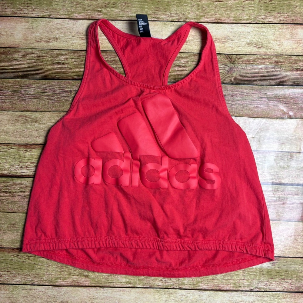 Adidas Womens Big Logo Racerback Tank Top Orange Pink 3D‎ Bubble Spellout Logo